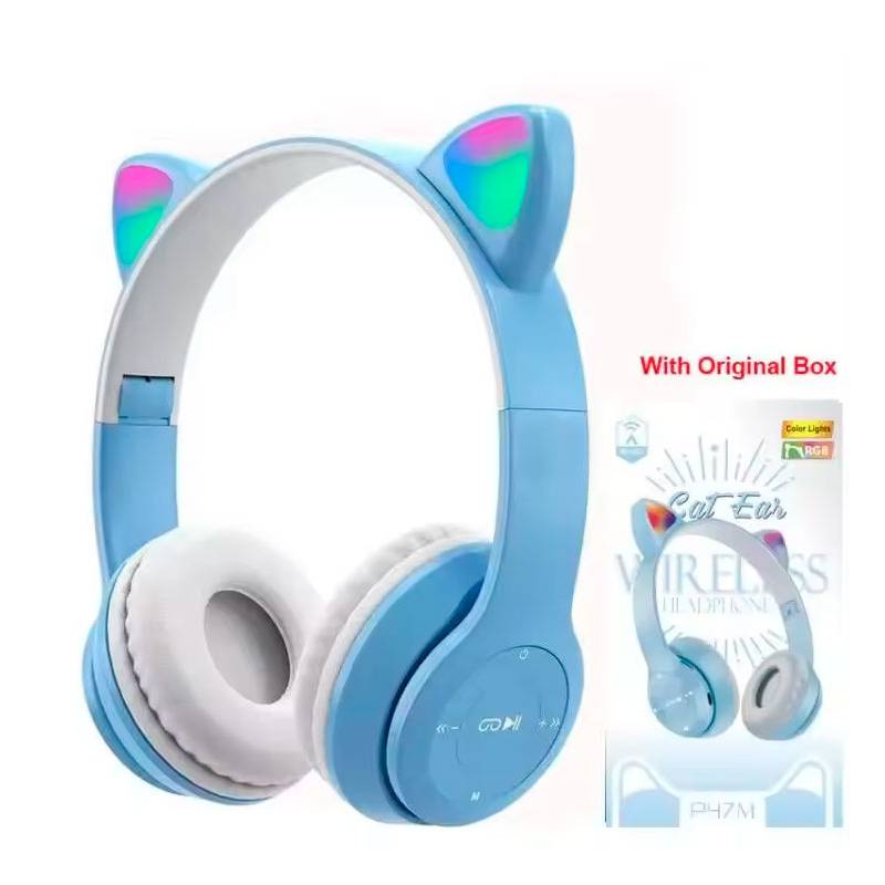 CASCOS AURICULARES OREJAS INALÁMBRICOS AZUL+CAJA