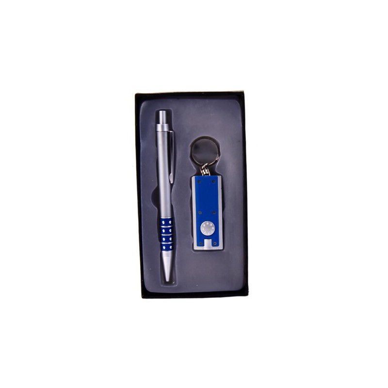 SET BOLIGRAFO + LLAVERO LINTERNA LED ESTUCHE AZUL